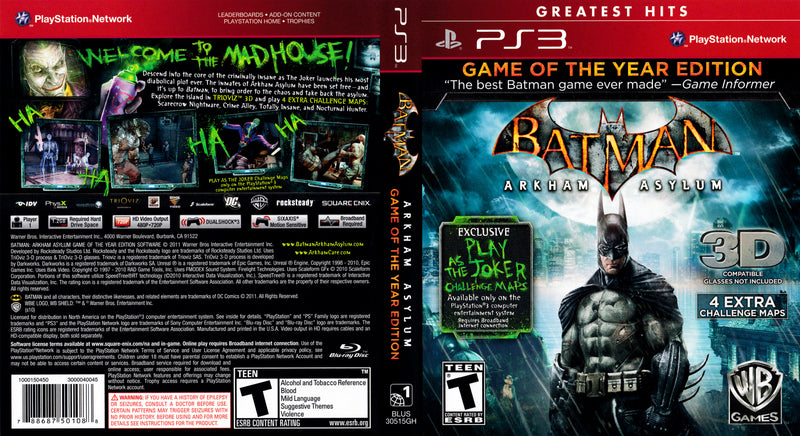 Batman: Arkham Asylum Game of the Year Playstation 3 Game