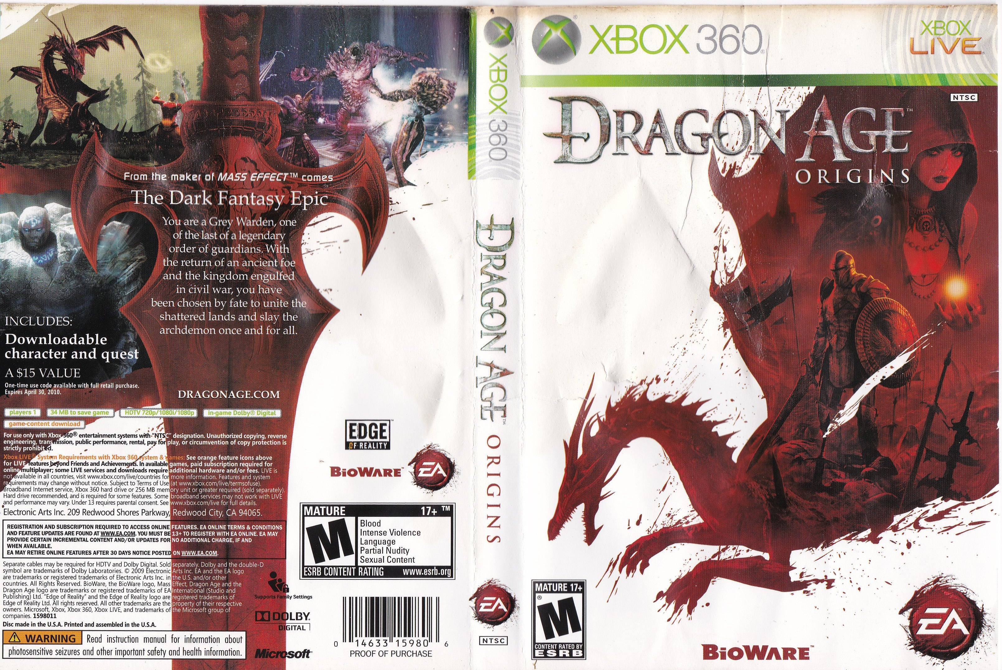 Dragon Age Origins (Microsoft Xbox 360) Original Release Complete  Excellent! 14633159806