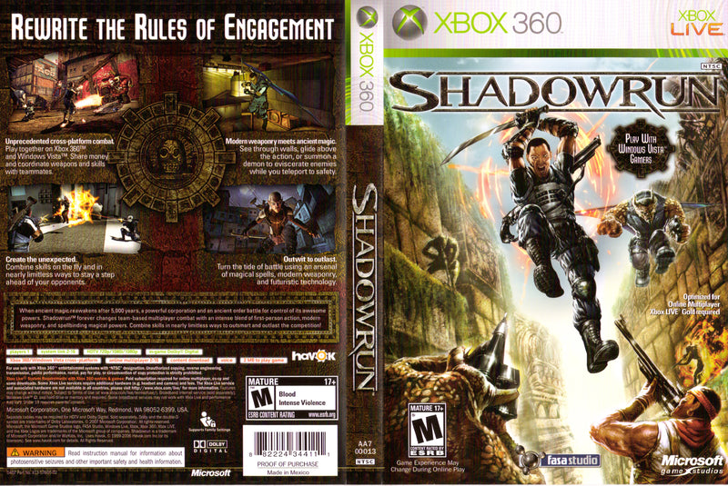 SHADOW RUN XBOX 360 - Disc and Case rated M 17+